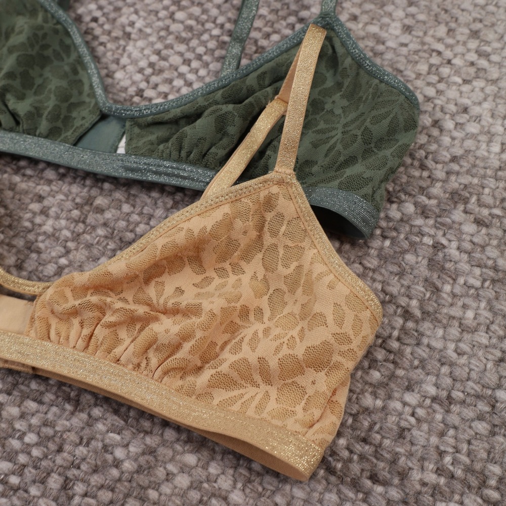 Aerie Real Good SIP Bralette Women Medium Green Nude Excellent Lace Metallic 2Pk